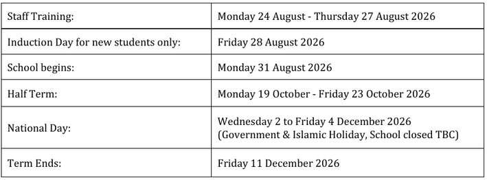Autumn Term key dates from the handbook